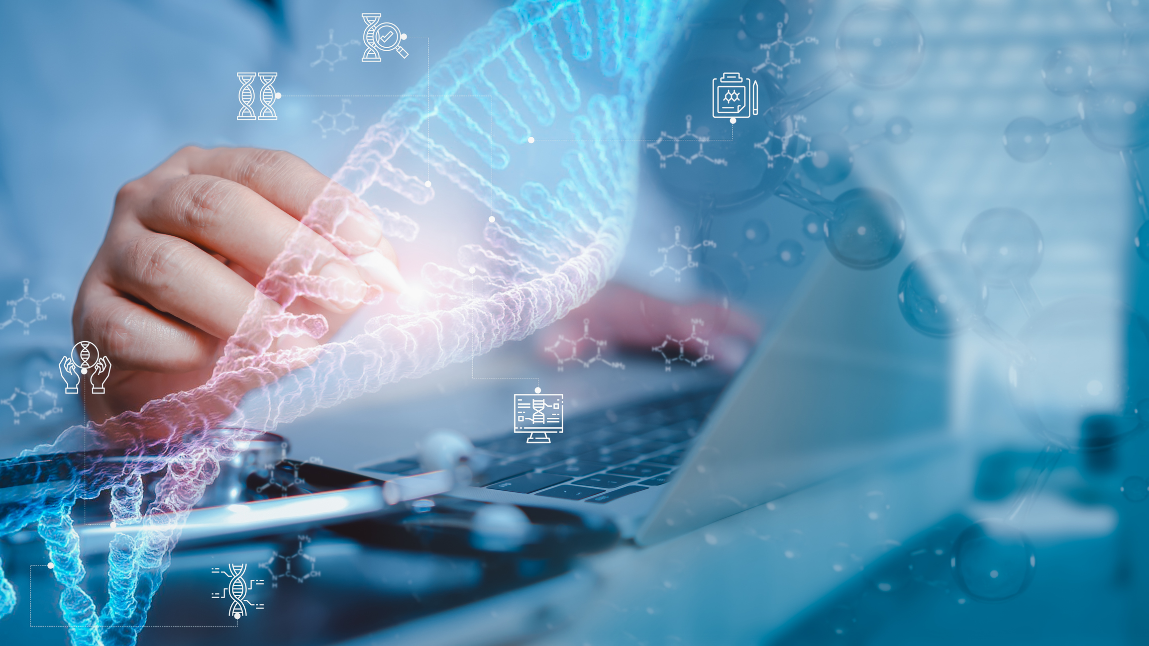 A person's hands hover over a keyboard and a virtual DNA sequence.
