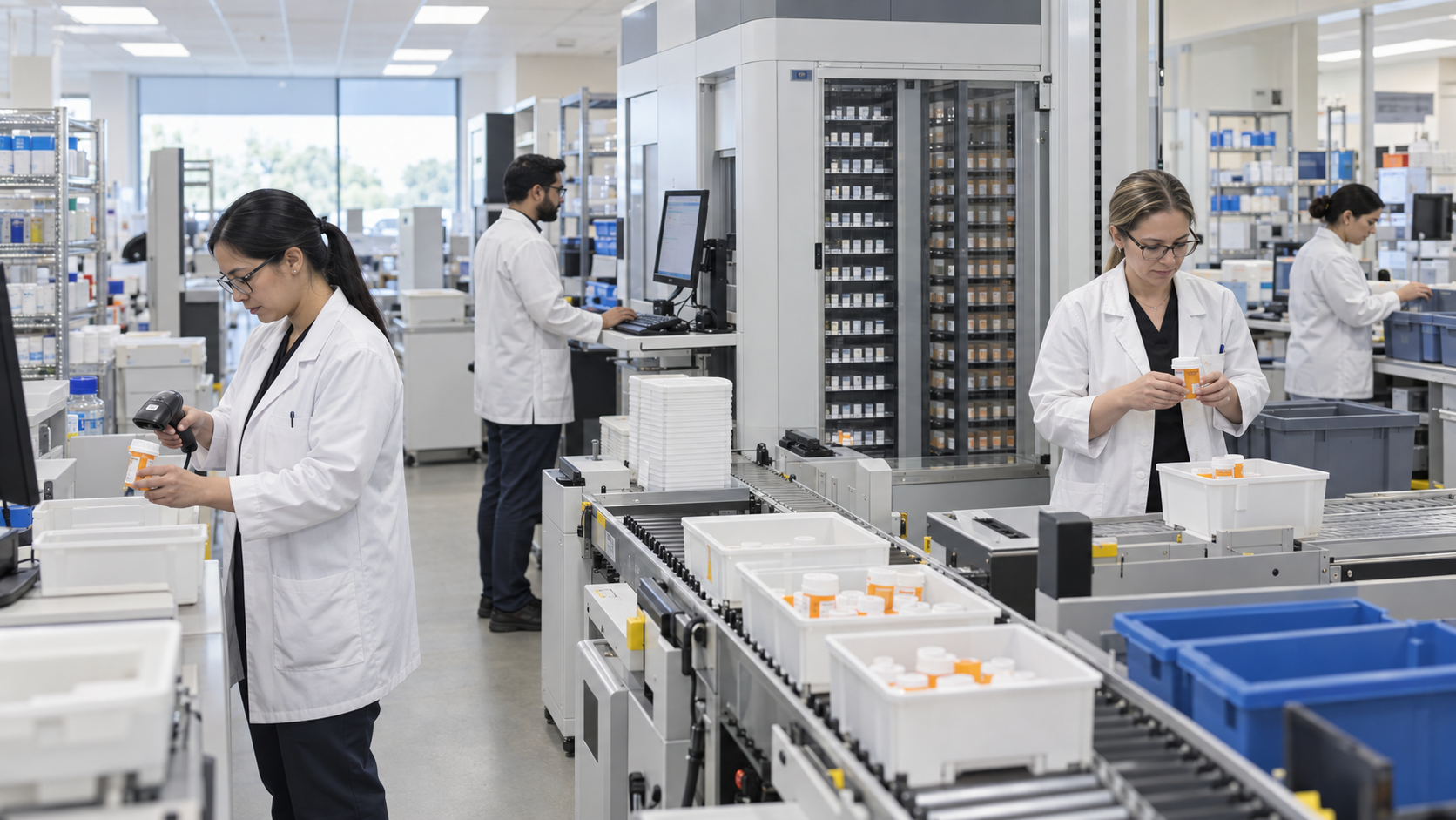 Multiple pharmacists fill prescriptions in a central fill facility.