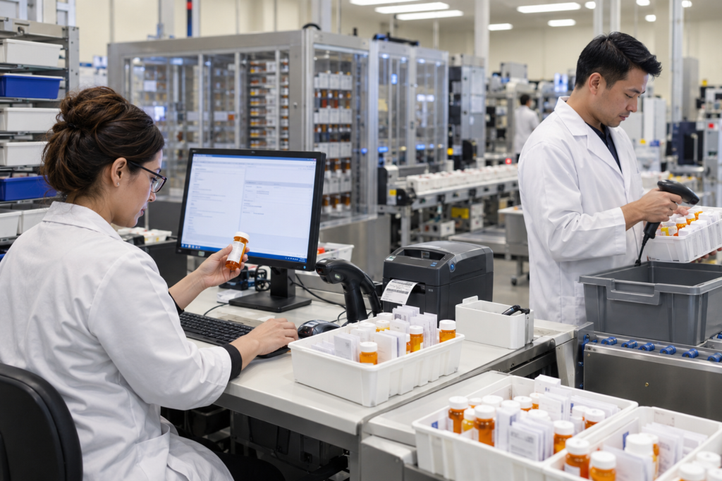 Pharmacists fill prescriptions in a central fill facility.